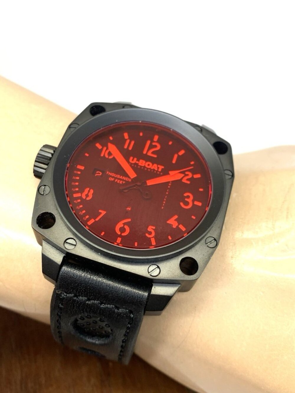 U-Boat Men's Watch 1846 Lefty Swiss Automatic Black Red Face Leather Strap 43mm - Picture 5 of 13